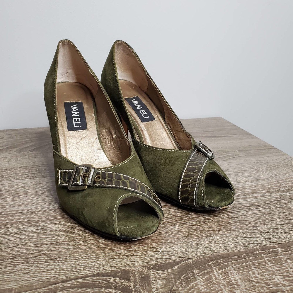 VAN ELI • Polly Green Suede Peep Toe Pumps Heels Sz 9 - Picture 6 of 10